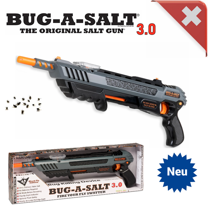Bug-A-Salt 3.0 Salz Gewehr Pistole gegen Fliegen Mücken Sommer Salzgewehr Fliegenklatsche / Neu BLACK FLY EDITION Sport & Outdoor